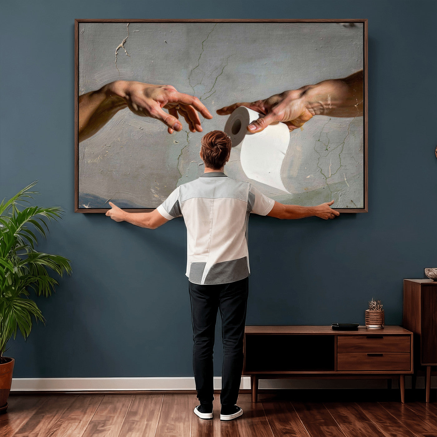 72030048-MGV-CV-36X24 - Funny Bathroom Wall Art Canvas, Creation of Toilet Paper Parody Print, Renaissance Humor Decor, Toilet Room Art, Quirky Housewarming Gift, Classic Art Spoof