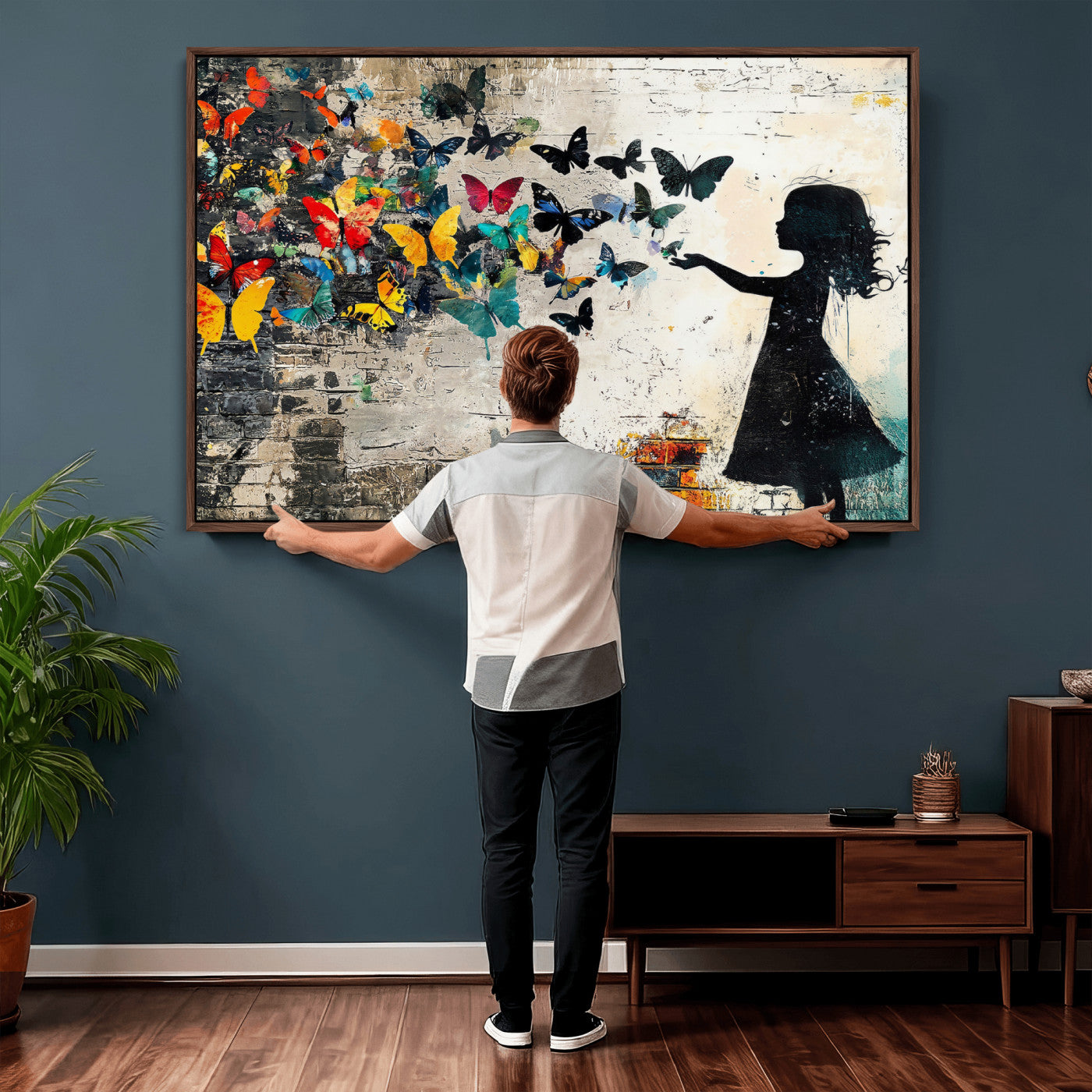 33909022-MGV-CV-36X24 - Banksy Butterfly Girl Wall Art Canvas Print, Framed Street Art Silhouette Graffiti Artwork, Colorful Butterfly Wall Decor for Living Room Bedroom Office