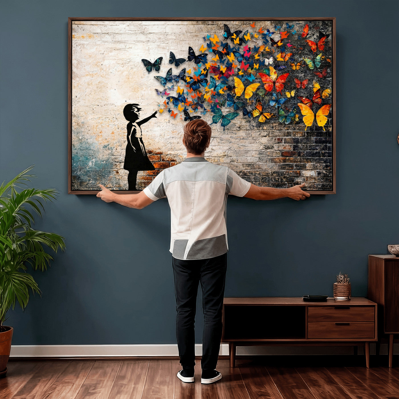 78760384-MGV-CV-36X24 - Banksy Graffiti Butterfly Girl Wall Art Canvas Print, Framed Street Art Canvas Print, Silhouette Butterfly Wall Art for Living Room Bedroom Office