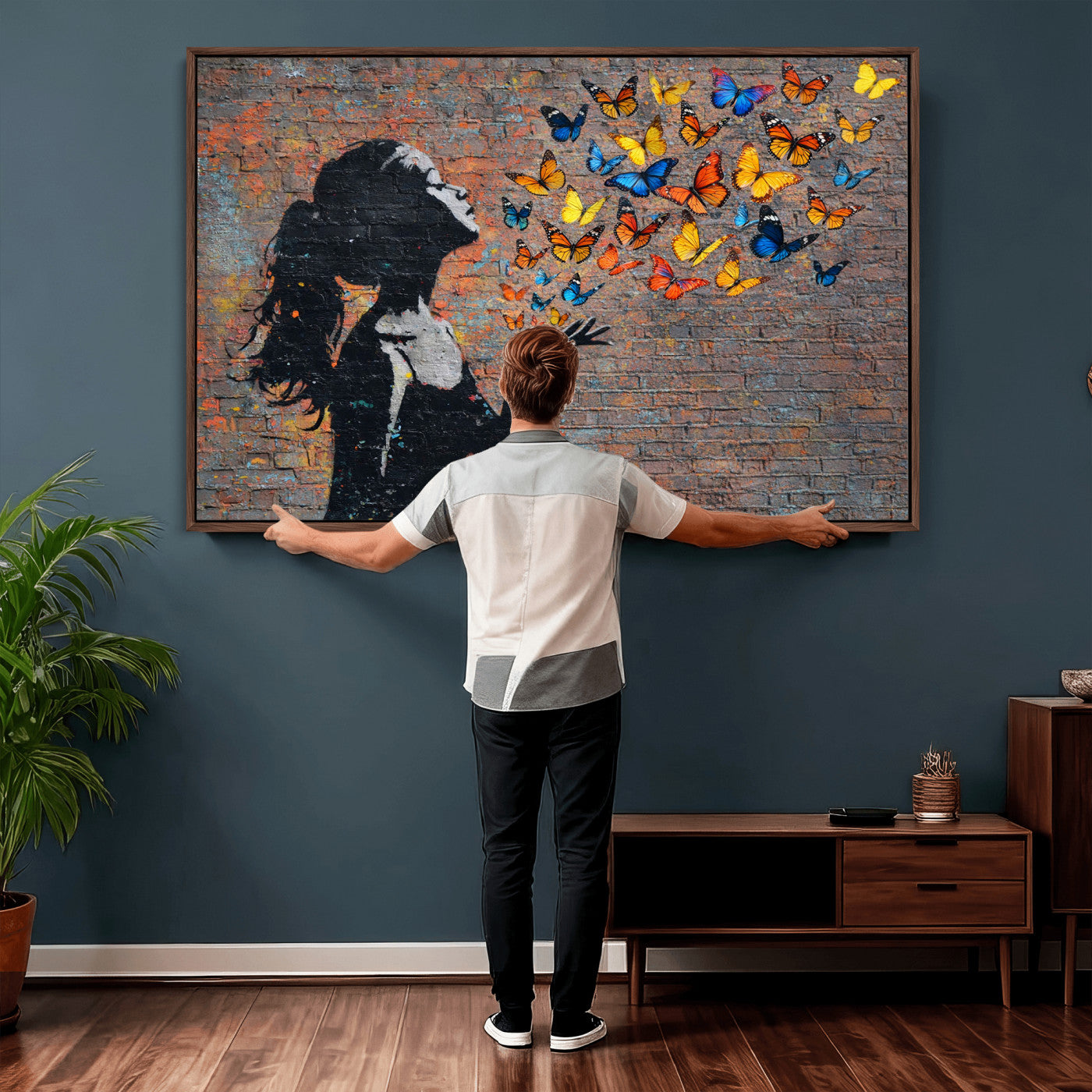 10555939-MGV-CV-36X24 - Urban Banksy Butterfly Girl Wall Art Canvas Print, Framed Street Art Canvas Print, Graffiti Silhouette Butterfly Wall Art for Living Room Bedroom Office