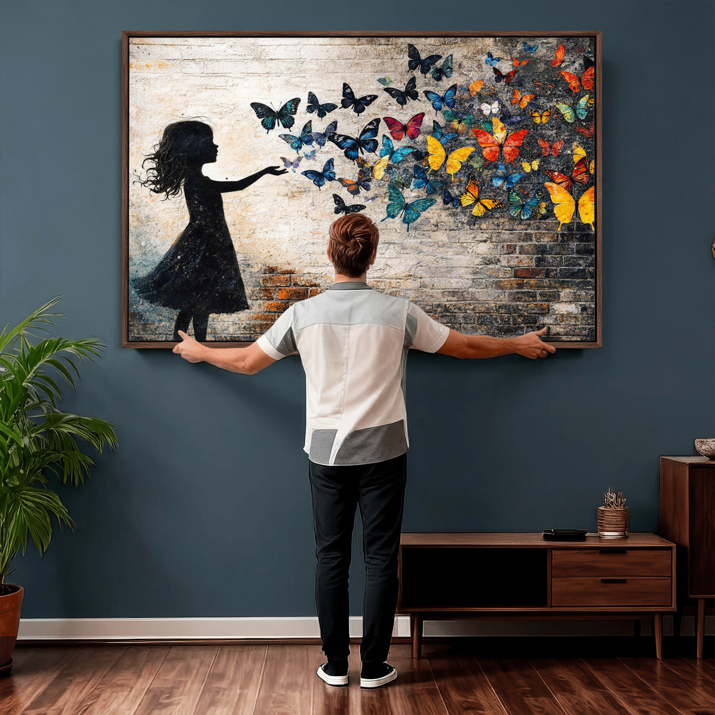 70522594-MGV-CV-36X24 - Banksy Butterfly Girl Wall Art Canvas Print, Framed Street Art Canvas Print, Graffiti Silhouette Butterfly Wall Art for Living Room Bedroom Office
