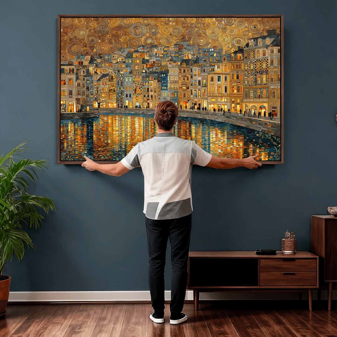 94022787-MGV-CV-36X24 - Gustav Klimt Golden Cityscape Wall Art Canvas Print, Framed River Town Landscape Artwork, Ornate Architecture Wall Decor for Living Room Bedroom Office