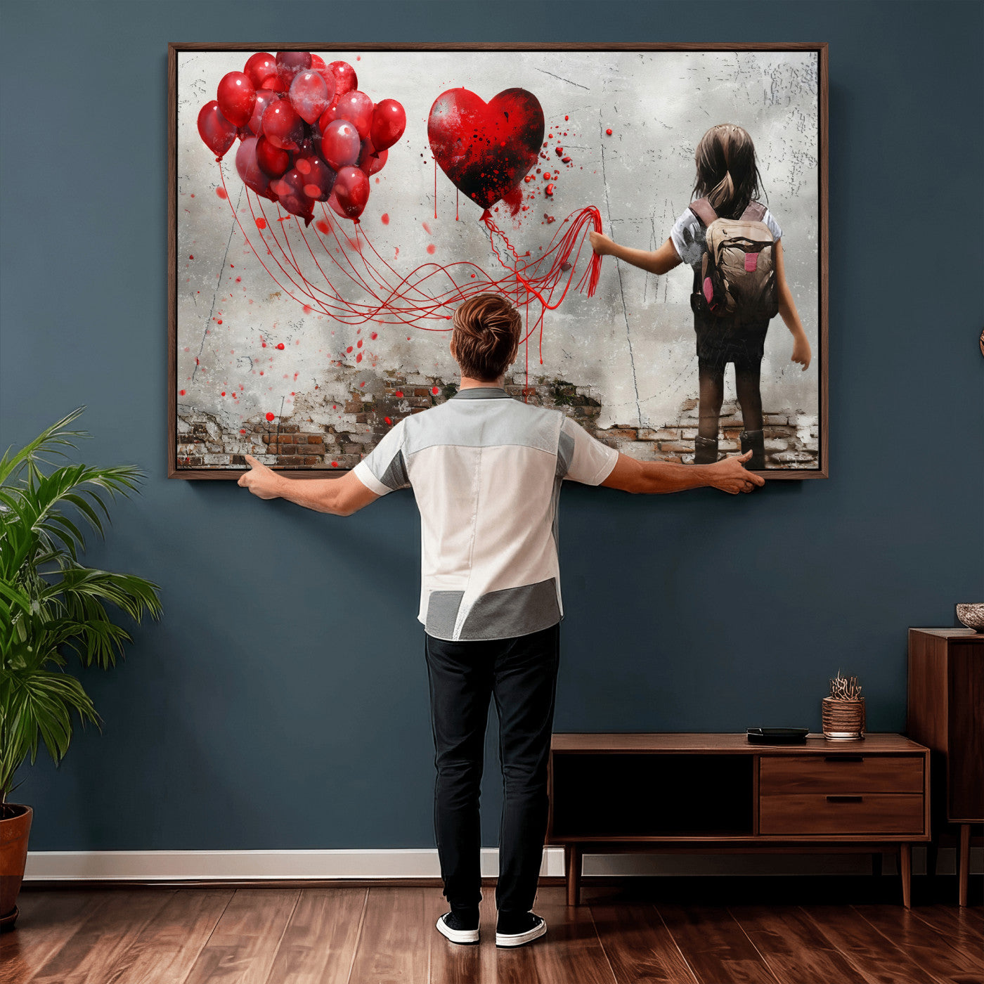 2162830T-MGV-CV-36X24 - Girl Graffiti Wall Art Canvas Print, Red Balloon Heart Street Art, Urban Love Artwork for Living Room Bedroom Hallway Office, Modern Abstract Canvas Wall Decor Home Decor