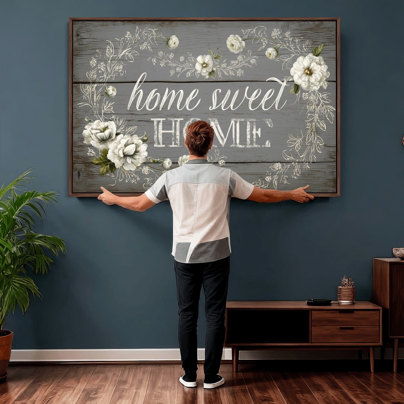 32056075-MGV-CV-36X24 - Home Sweet Home Wall Art Canvas Print, Floral Farmhouse Sign, Rustic Neutral Entryway Bedroom Living Room Decor