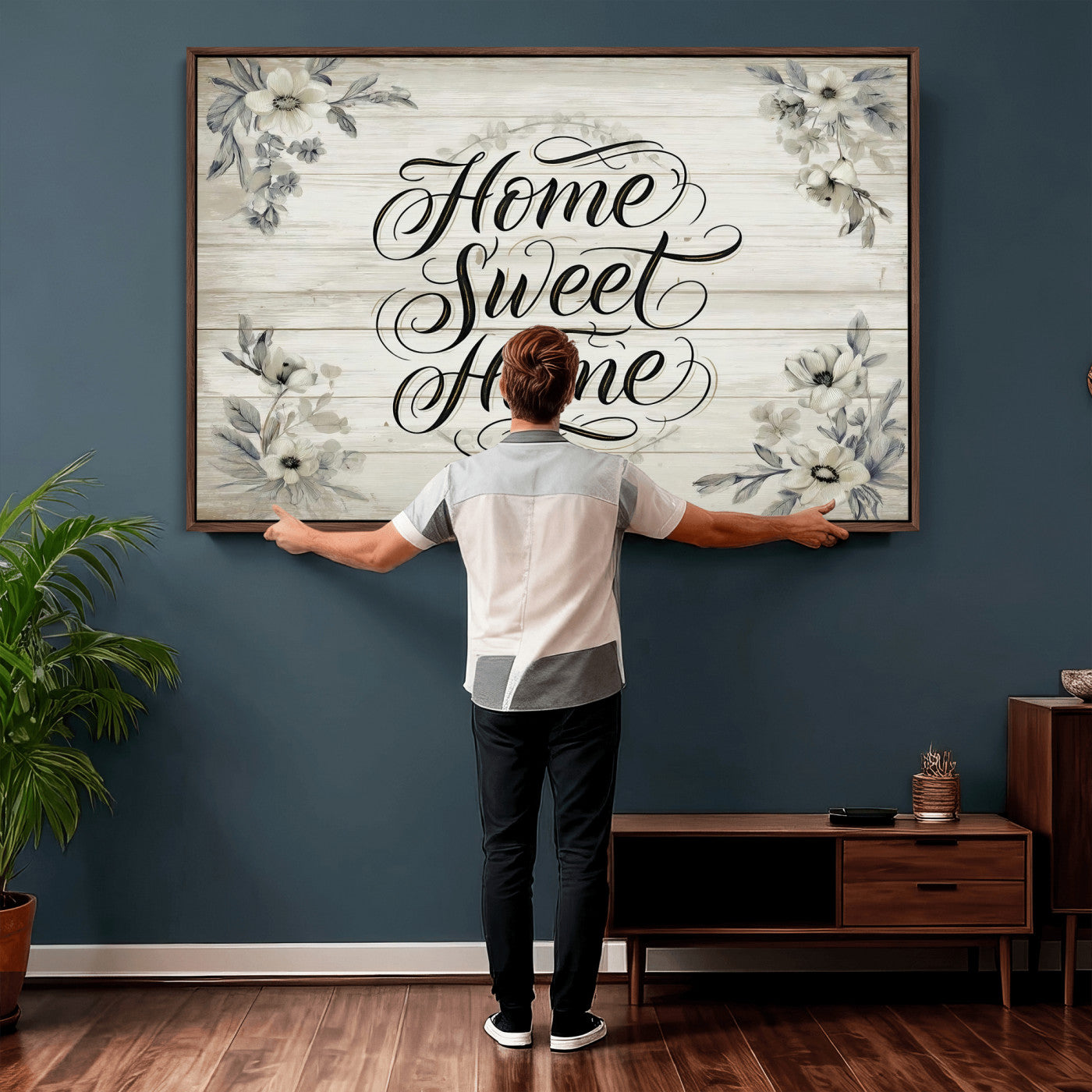 11120405-MGV-CV-36X24 - Home Sweet Home Wall Art Canvas Print, Floral Farmhouse Sign, Rustic Neutral Entryway Bedroom Living Room Decor