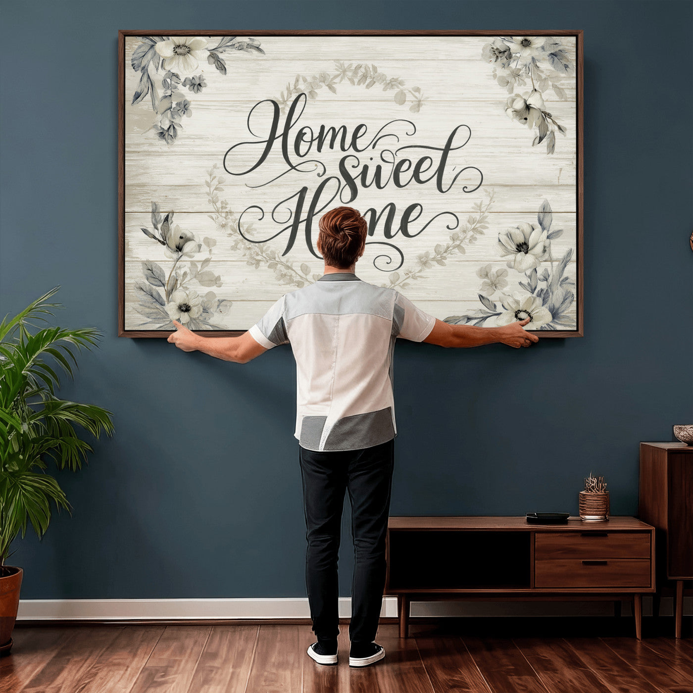 81157008-MGV-CV-36X24 - Home Sweet Home Wall Art Canvas Print, Floral Farmhouse Sign, Rustic Neutral Entryway Bedroom Living Room Decor