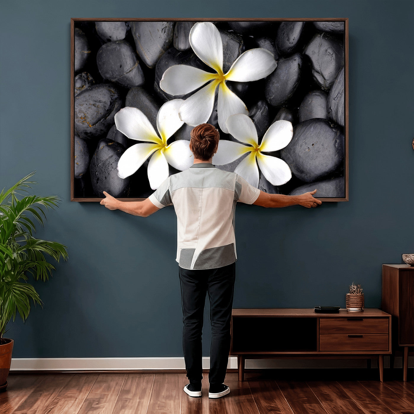 43639613-MGV-CV-36X24 - Plumeria Frangipani Black Stone Canvas | White Flower Spa Photography Print | Tropical Zen Wall Art | Grey Pebble Floral Decor