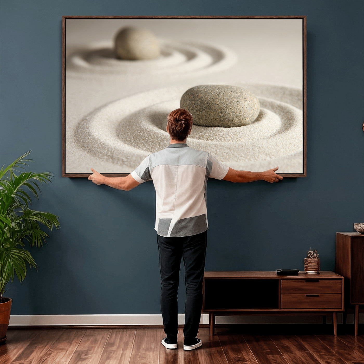 13397966-MGV-CV-36X24 - Zen Garden Stone Sand Canvas | Japanese Rock Garden Wall Art | Minimalist Meditation Print | Neutral Beige Mindfulness Decor