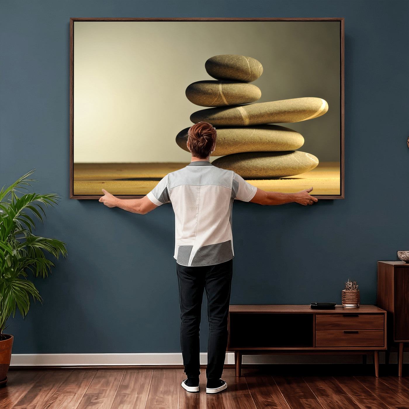 85424263-MGV-CV-36X24 - Zen Stone Wall Art Canvas Print, Balanced Rock Stack Framed Spa Artwork, Minimalist Meditation Decor for Living Room Bedroom Office Bathroom