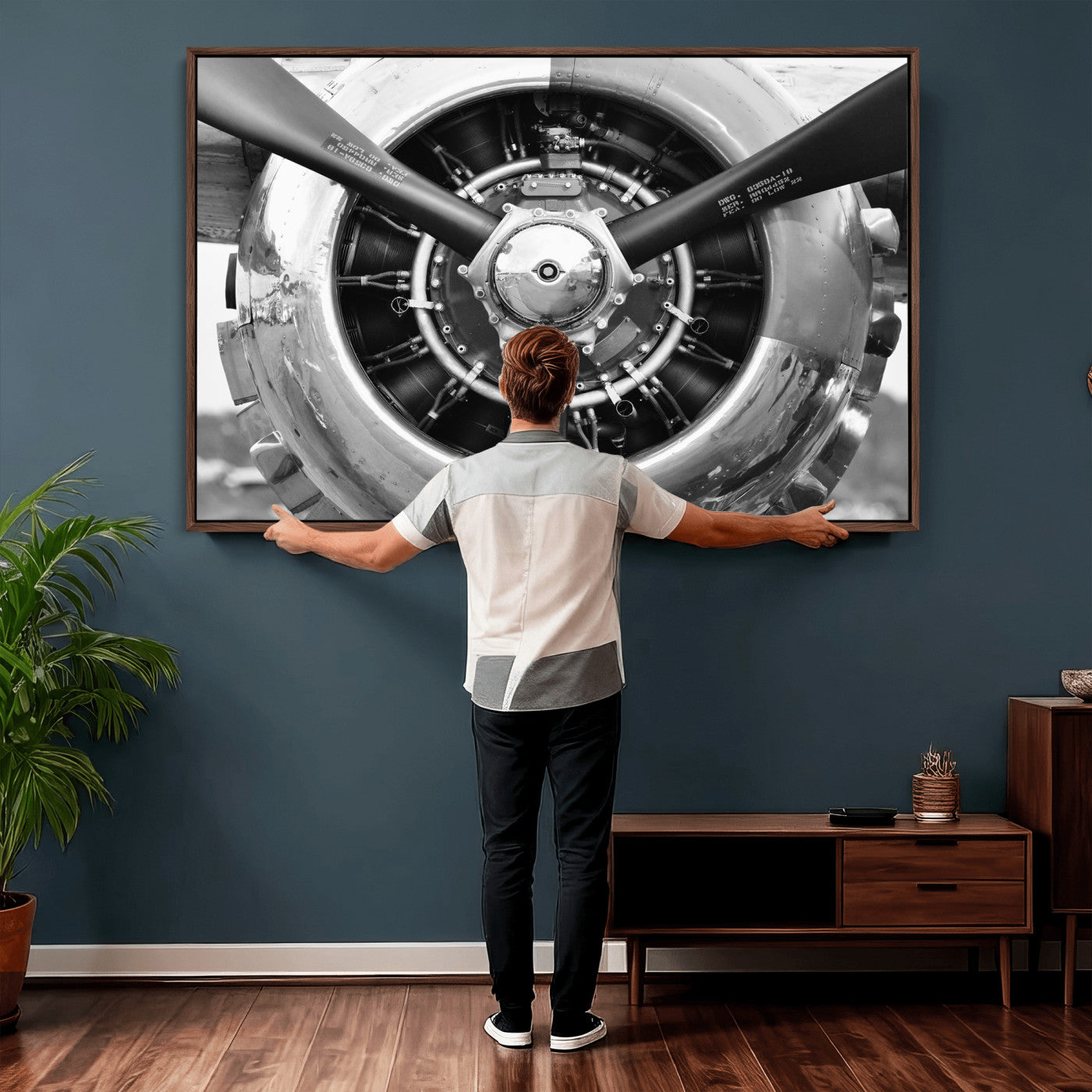 73322230-MGV-CV-36X24 - Vintage Propeller Plane Wall Art Canvas Print, Black and White Airplane Engine Close Up Framed Aviation Artwork for Pilot Office Hangar Decor