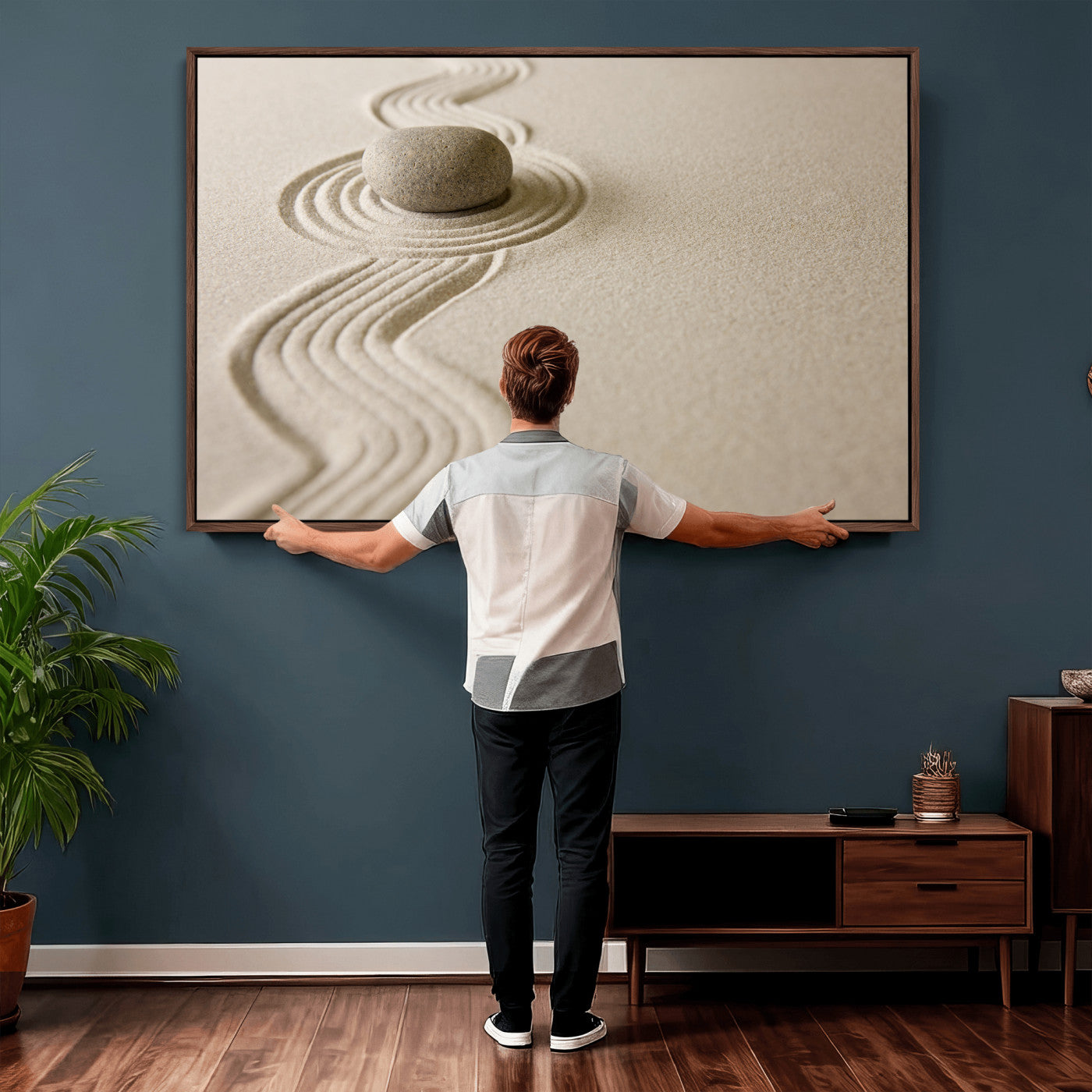 66852661-MGV-CV-36X24 - Zen Garden Stone Sand Canvas | Japanese Rock Garden Wall Art | Minimalist Meditation Print | Neutral Beige Mindfulness Decor