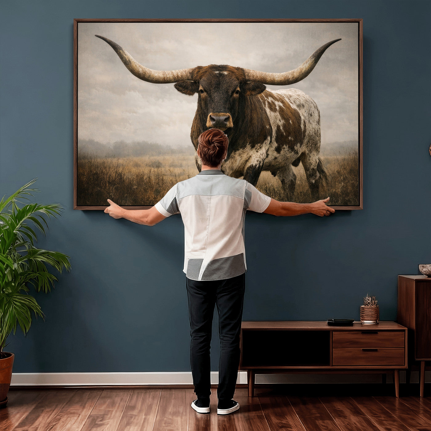17622011L-MGV-CV-36X24 - Longhorn Bull Wall Art Canvas Print, Western Farmhouse Cowboy Decor, Rustic Texas Ranch Cattle Artwork for Living Room Bedroom Office, Framed Wall Decor
