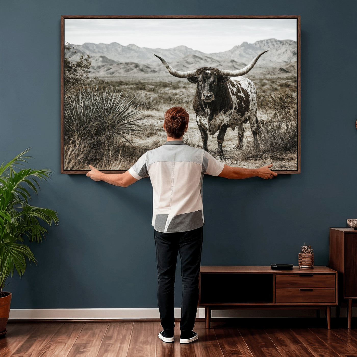 17622011H-MGV-CV-36X24 - Texas Longhorn Bull Wall Art Canvas Print, Western Farmhouse Cowboy Decor, Rustic Texas Ranch Cattle Artwork for Living Room Bedroom Office, Framed Wall Decor