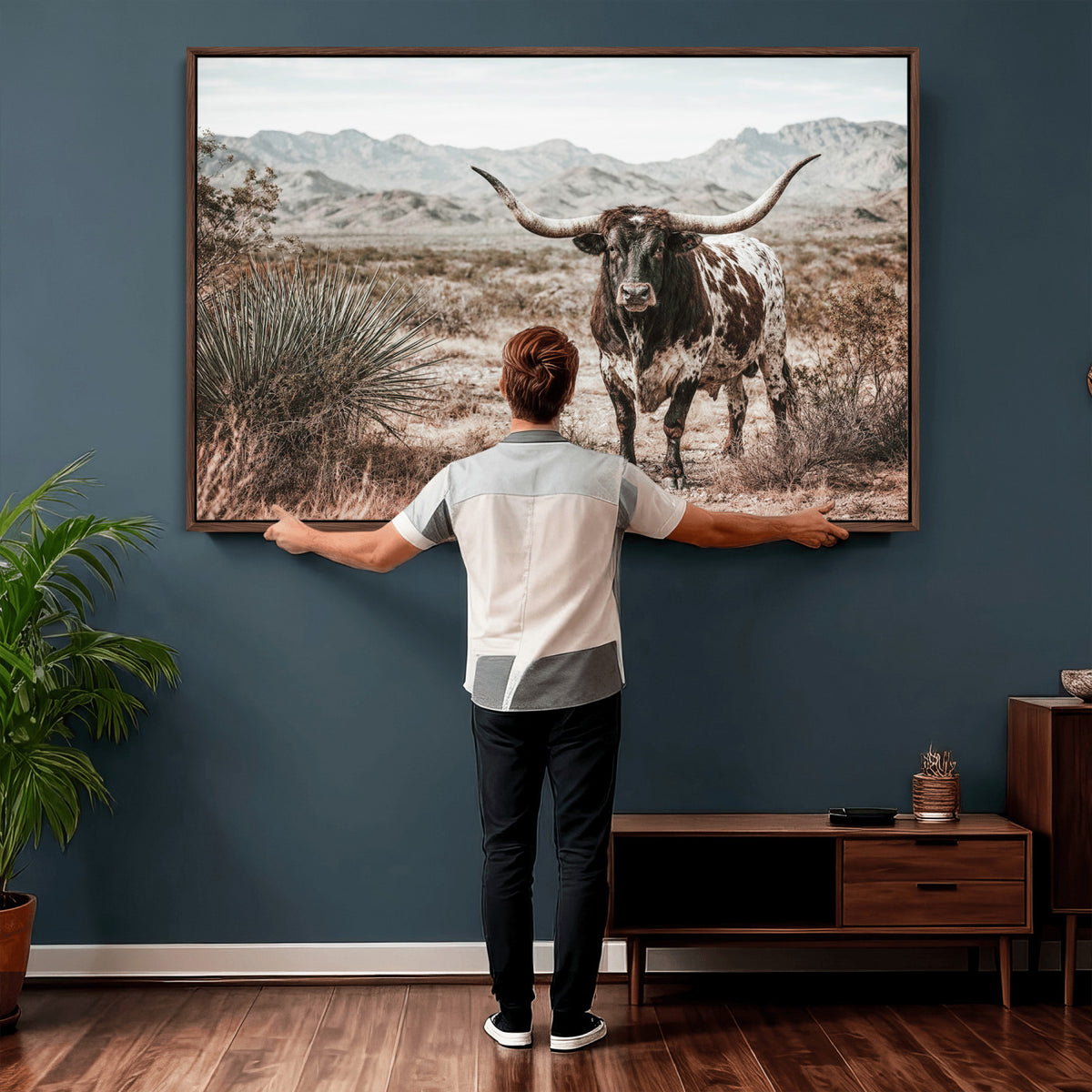 17622011H-MGV-CV-36X24 - Texas Longhorn Bull Wall Art Canvas Print, Western Farmhouse Cowboy Decor, Rustic Texas Ranch Cattle Artwork for Living Room Bedroom Office, Framed Wall Decor