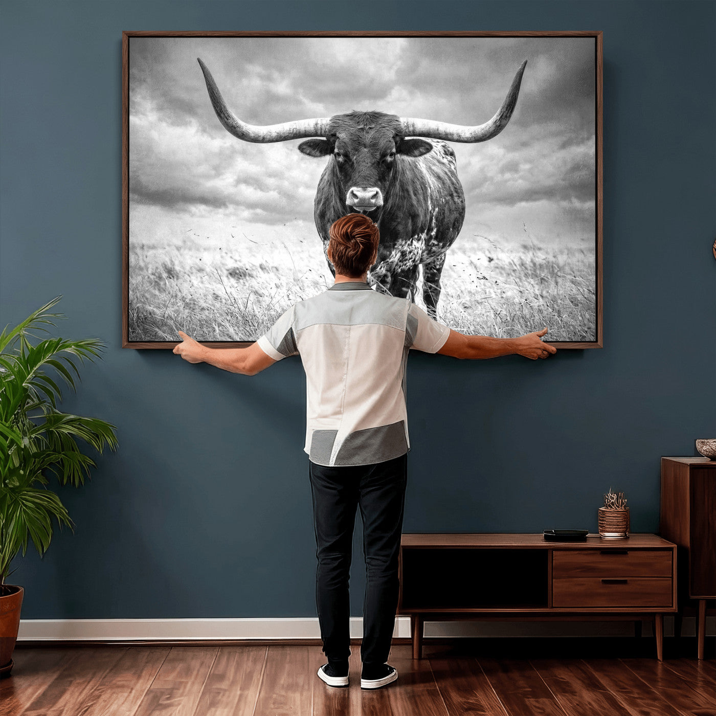 63336115-MGV-CV-36X24 - Texas Longhorn Canvas Wall Art Western Bull Desert Moody Grey Overcast Rustic Farmhouse Framed Large for Living Room Bedroom Office Decor