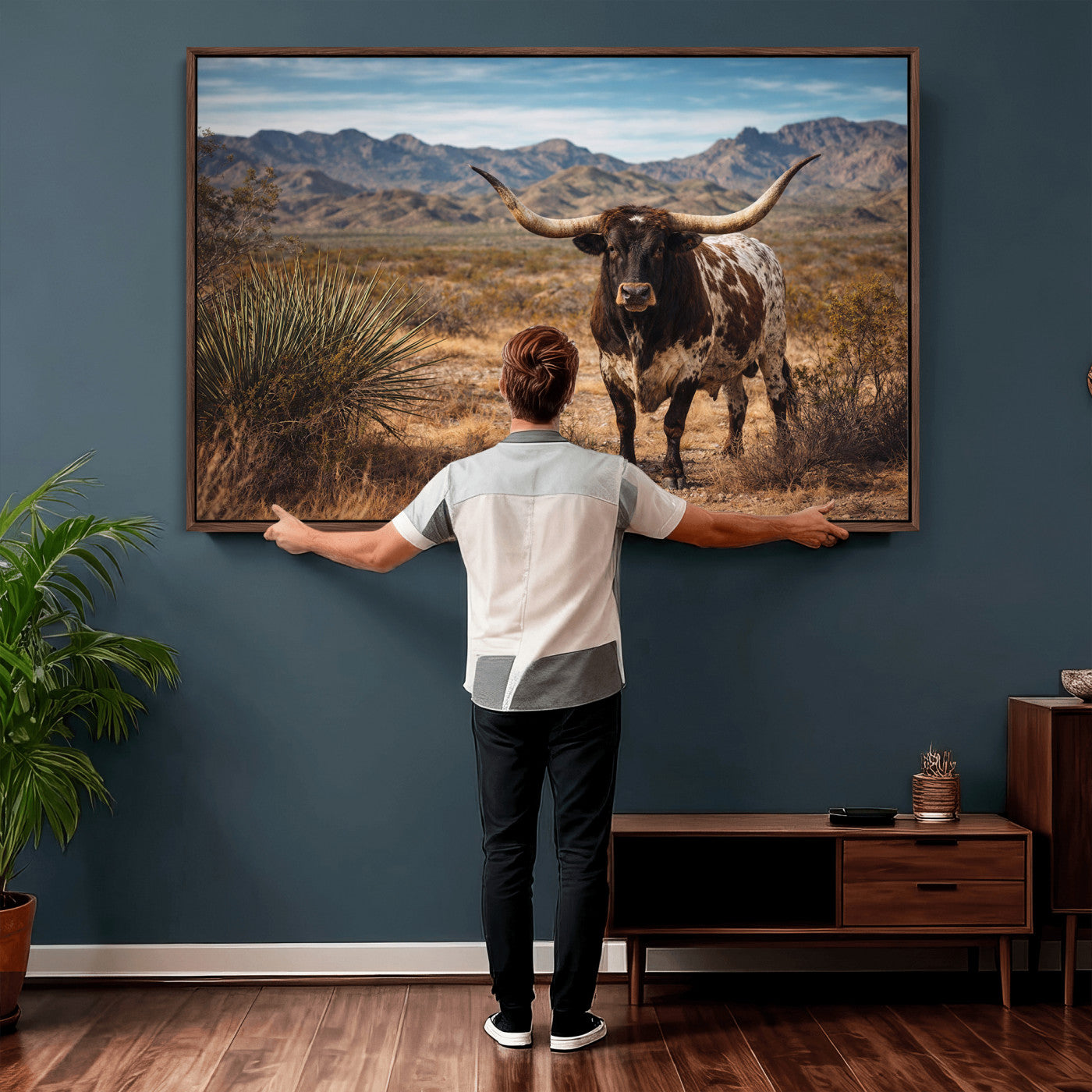 26448918-MGV-CV-36X24 - Texas Longhorn Canvas Wall Art Western Bull Desert Moody Grey Overcast Rustic Farmhouse Framed Large for Living Room Bedroom Office Decor