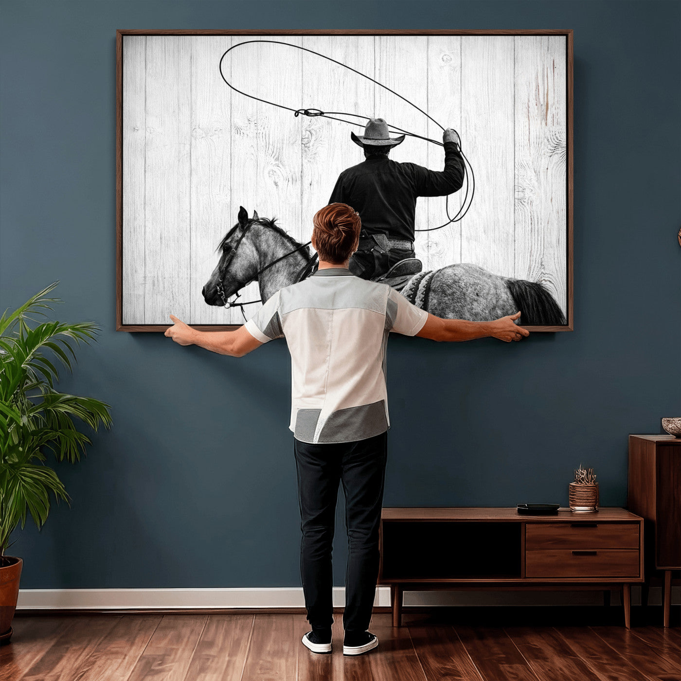 22569358-MGV-CV-36X24 - Cowboy Lasso Canvas Wall Art, Black White Western Horse Photo Print, Rustic Ranch Rodeo Decor, Farmhouse Western Art, Cowboy Gift for Him