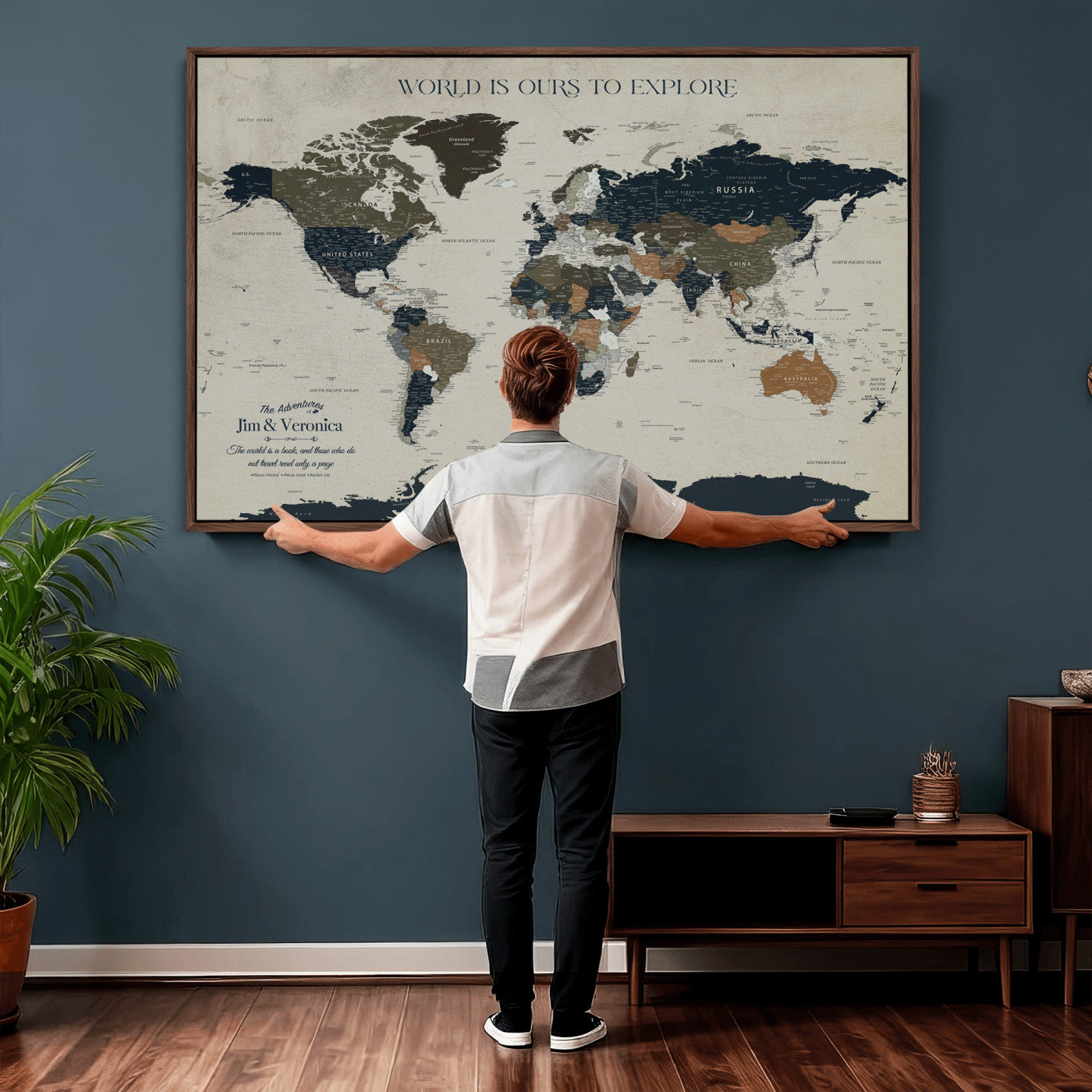64110391126C-MGV-CV-36X24 - Custom Push Pin World Map Wall Art Canvas Print – Personalized Travel Tracker with Pins Framed Large for Home and Office Decor