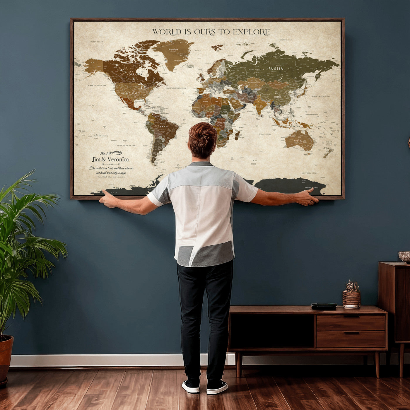 64110391126O-MGV-CV-36X24 - Custom Push Pin World Map Wall Art Canvas Print – Personalized Travel Tracker with Pins Framed Large for Home and Office Decor