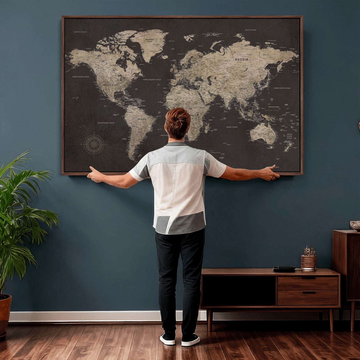 56556018136-MGV-CV-36X24 - World Map Canvas Wall Art Dark Charcoal Antique Tan Detailed Every Country Labeled Framed Large for Home Office Living Room Bedroom Decor