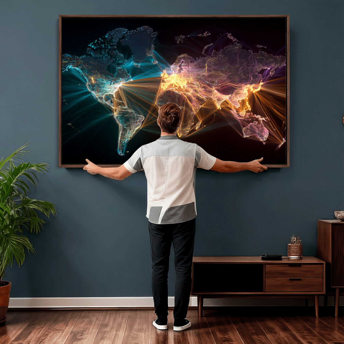 14891737-MGV-CV-36X24 - World Map and Global Flight Routes Map Canvas Wall Art, Worldwide Aviation Network Print, International Air Travel Wall Decor