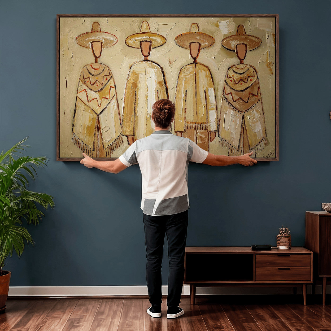 46071653-MGV-CV-36X24 - Mexican Folk Art Canvas Wall Art, Charro Poncho Sombrero Painting Print, Neutral Beige Boho Decor, Southwestern Impasto Style, Living Room Art