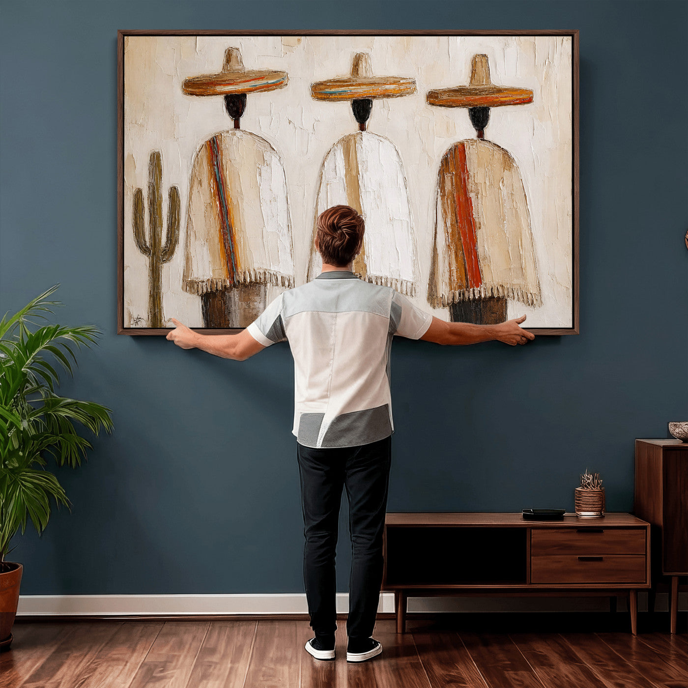 72884785-MGV-CV-36X24 - Mexican Folk Art Canvas Wall Art, Southwestern Sombrero Poncho Painting, Neutral Earthy Boho Decor, Fiesta Living Room Art, Impasto Style Print