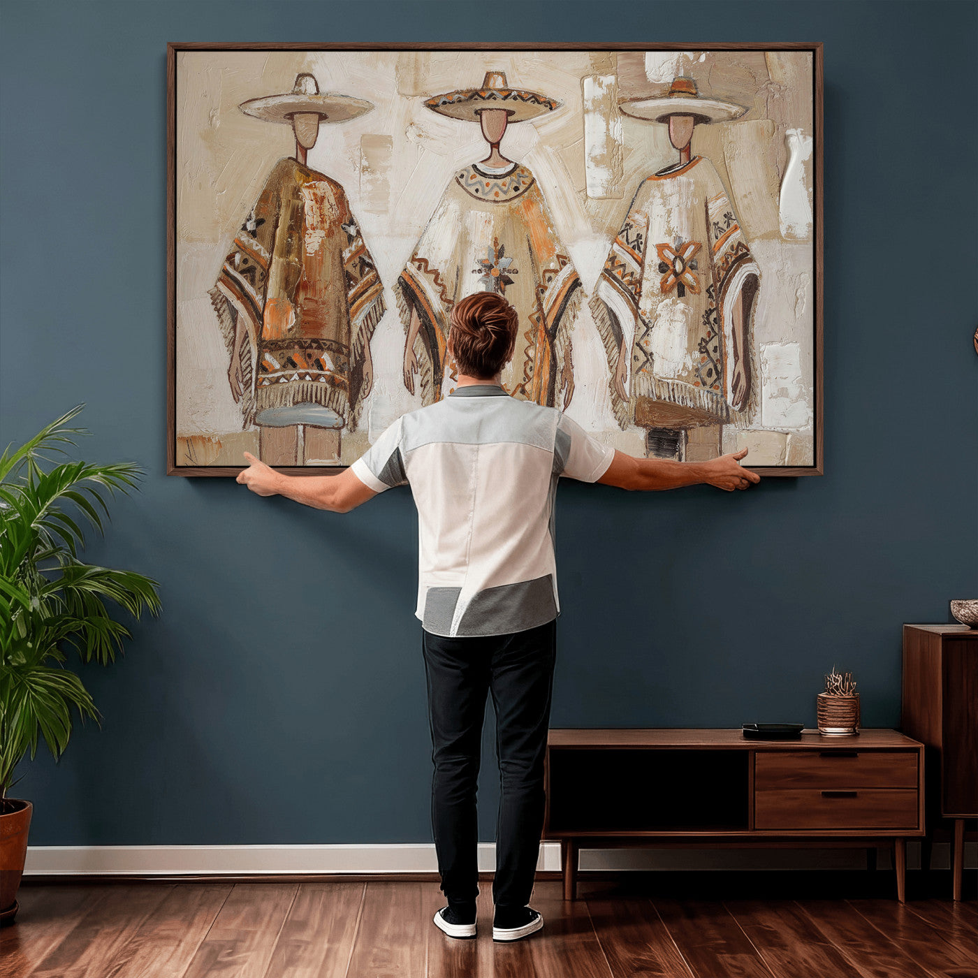 85373290-MGV-CV-36X24 - Mexican Folk Art Canvas Wall Art, Charro Poncho Sombrero Painting Print, Neutral Beige Boho Decor, Southwestern Impasto Style, Living Room Art