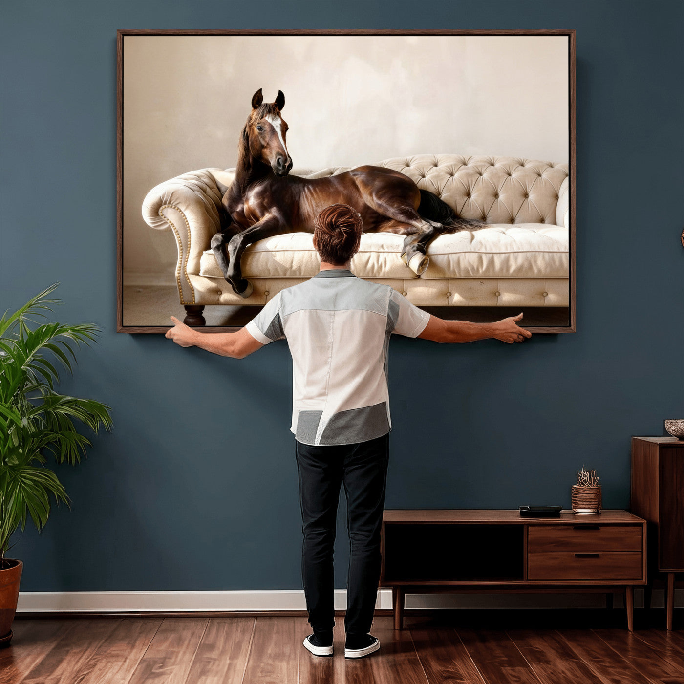 17716841-MGV-CV-36X24 - Funny Horse on Sofa Canvas Wall Art, Quirky Horse Lounging Photo Print, Whimsical Animal Decor, Living Room Conversation Art, Horse Lover Gift