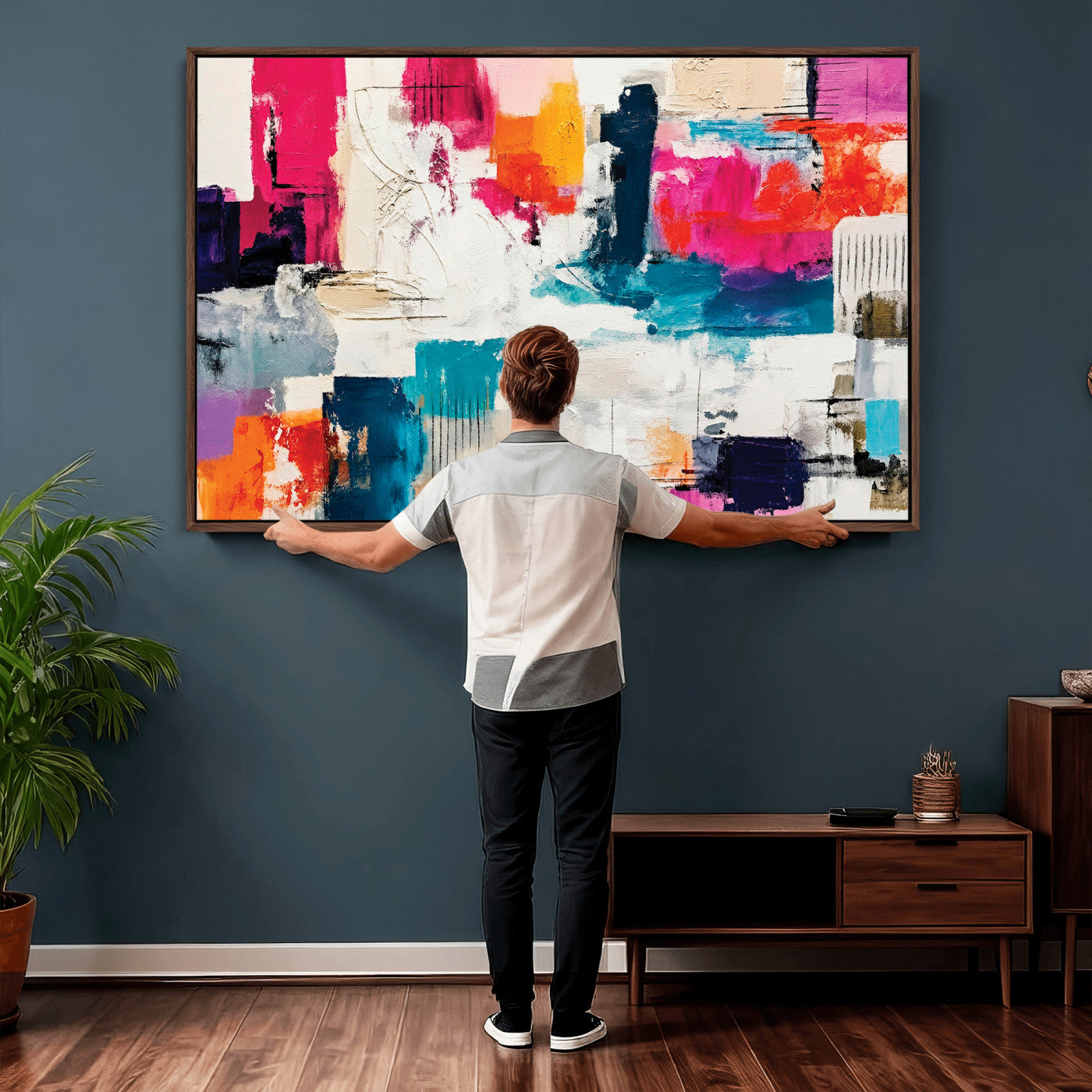 57864023-MGV-CV-36X24 - Blue Teal Abstract Canvas Wall Art | Modern Textured Painting Print, Navy Orange White Contemporary Art, Neutral Living Room Decor, Office Art