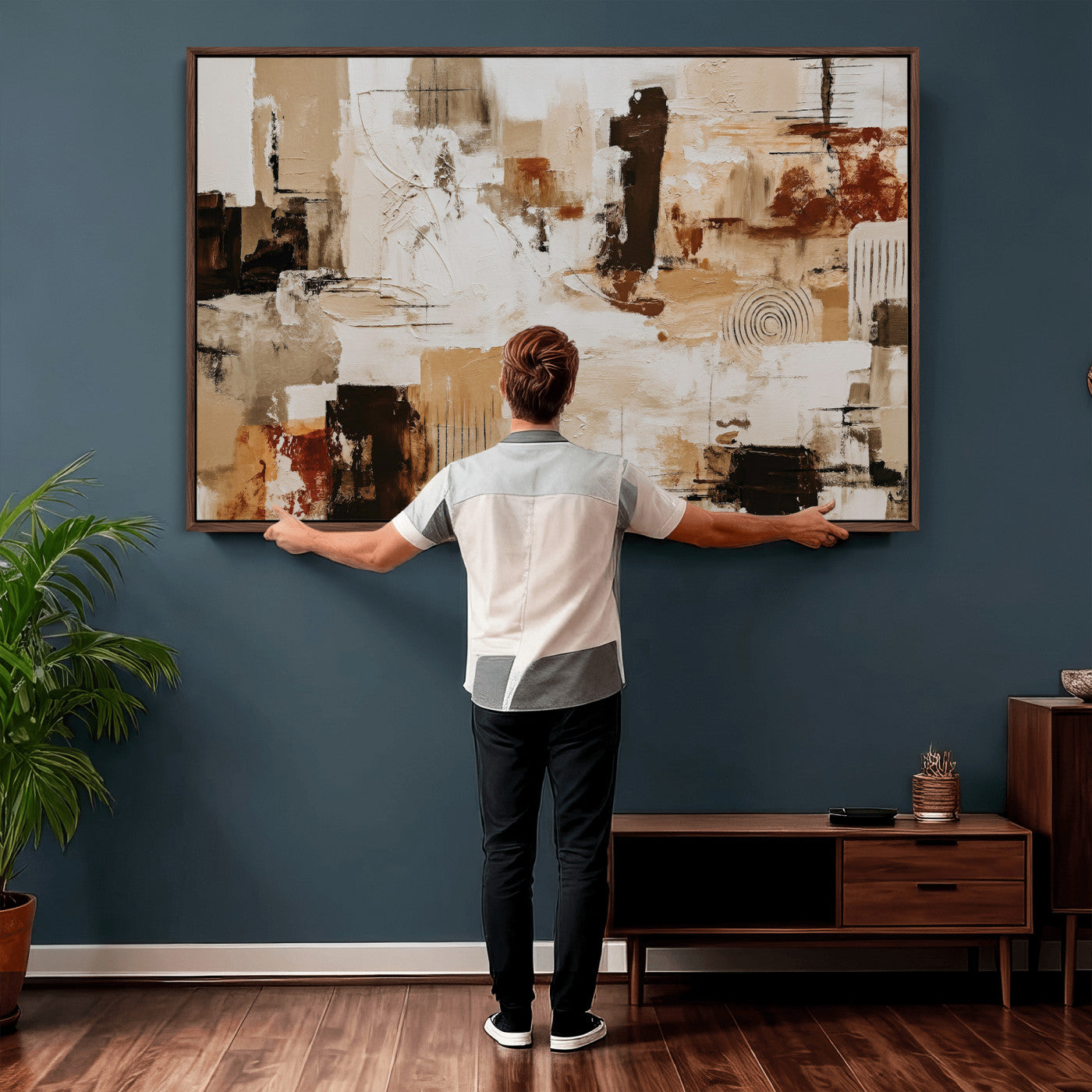 26560159-MGV-CV-36X24 - Blue Teal Abstract Canvas Wall Art, Modern Textured Painting Print, Navy Orange White Contemporary Art, Neutral Living Room Decor, Office Art