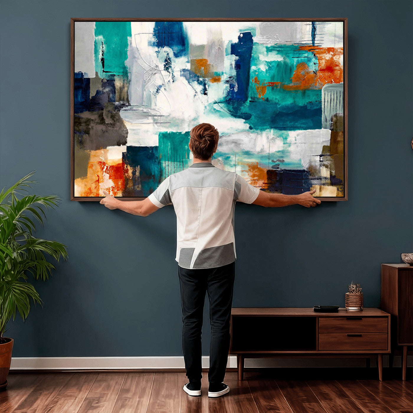 44038089-MGV-CV-36X24 - Blue Teal Abstract Canvas Wall Art, Modern Textured Painting Print, Navy Orange White Contemporary Art, Neutral Living Room Decor, Office Art