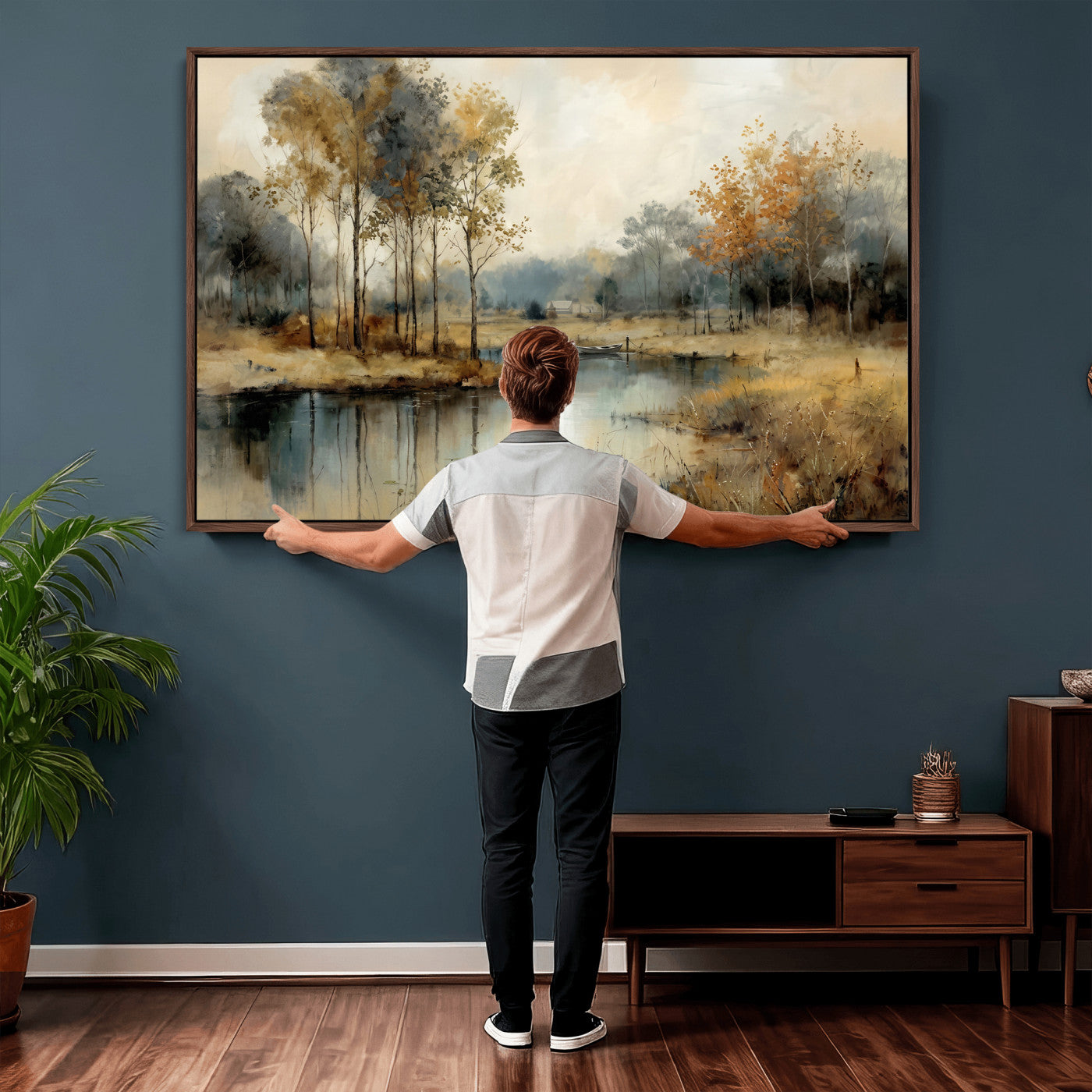 74391095-MGV-CV-36X24 - Abstract WatercolorAutumn Lake Canvas Wall Art Print, Misty Forest Landscape, Rustic Nature Painting, Cabin Wall Decor | Ready to Hang
