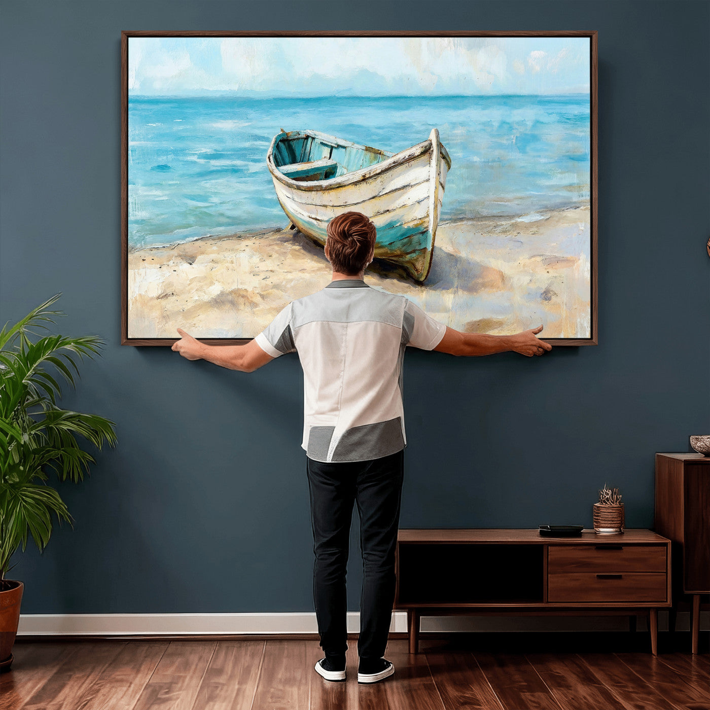 14780565-MGV-CV-36X24 - Coastal Boat Canvas Wall Art Print, Beach Boat Painting, Nautical Ocean Decor, Seascape Wall Art, Ready to Hang