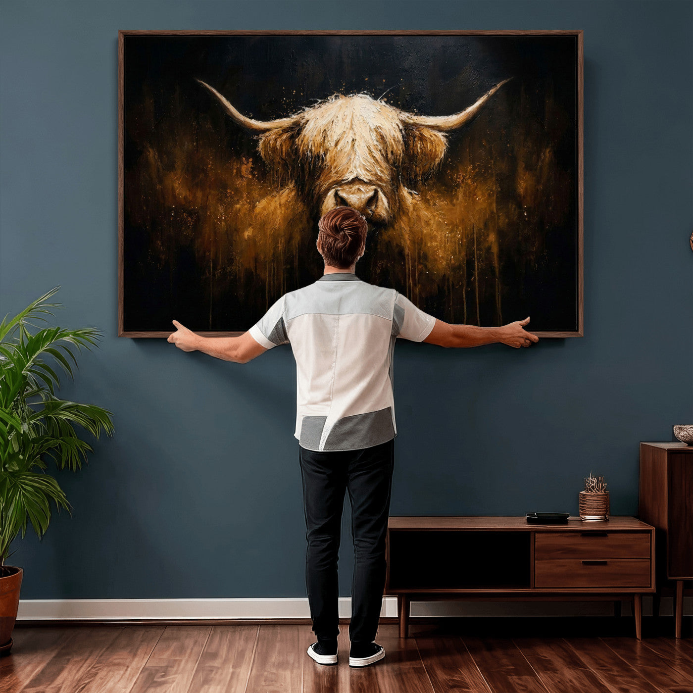 79873059-MGV-CV-36X24 - Rustic Highland Cow Canvas Print Dark Farmhouse Cattle Wall Decor