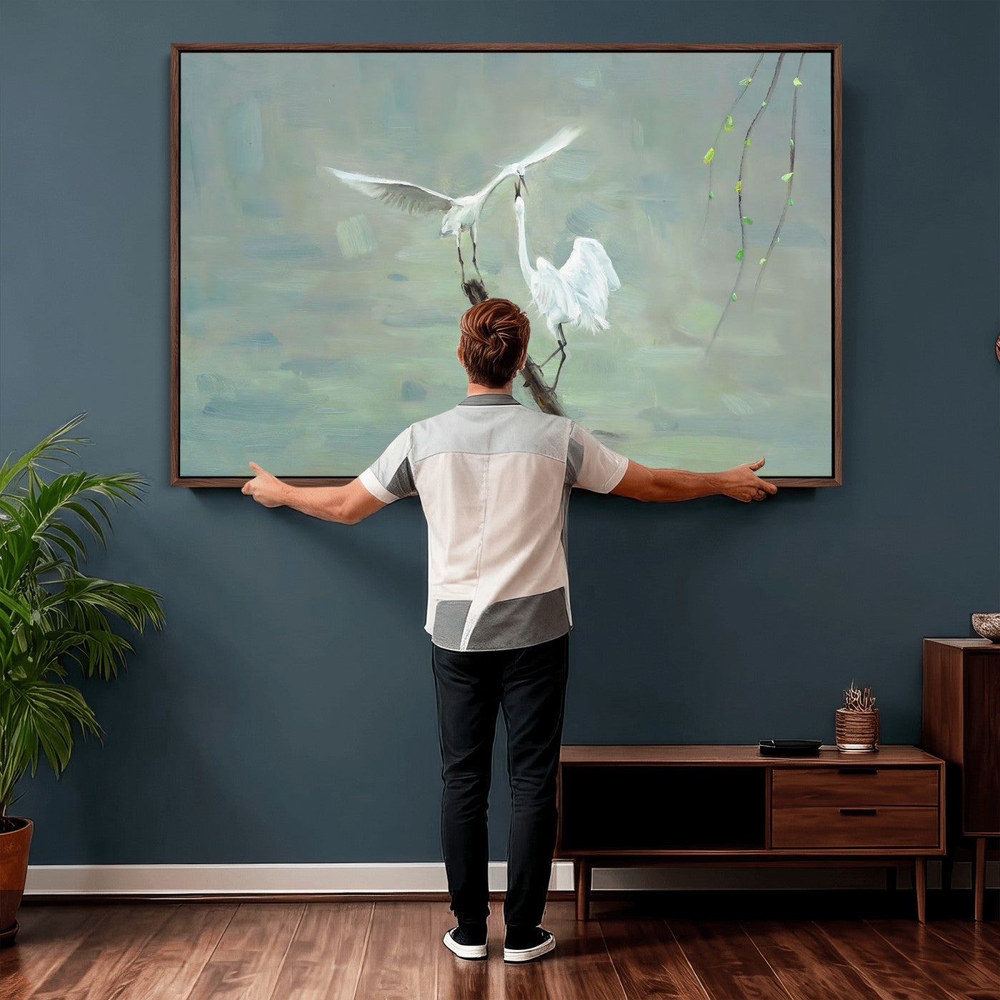 91124838-MGV-CV-36X24 - Two White Egrets on Marsh Branch Wall Art Canvas Print - Vintage Style Coastal Bird Poster
