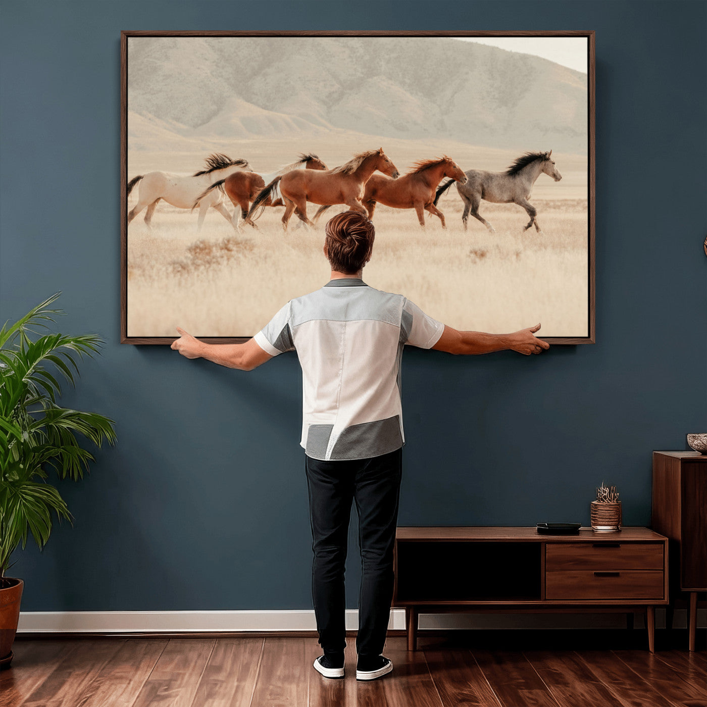 43348446-MGV-CV-36X24 - Herd of Wild Horses Running in Desert Mountain Wall Art Canvas Print - Boho Western Landscape