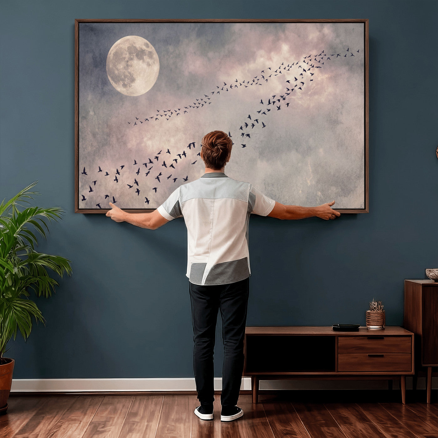 52339590-MGV-CV-36X24 - Birds Flying to Moon Wall Art Canvas Print - Vintage Surreal Night Sky Sky Print