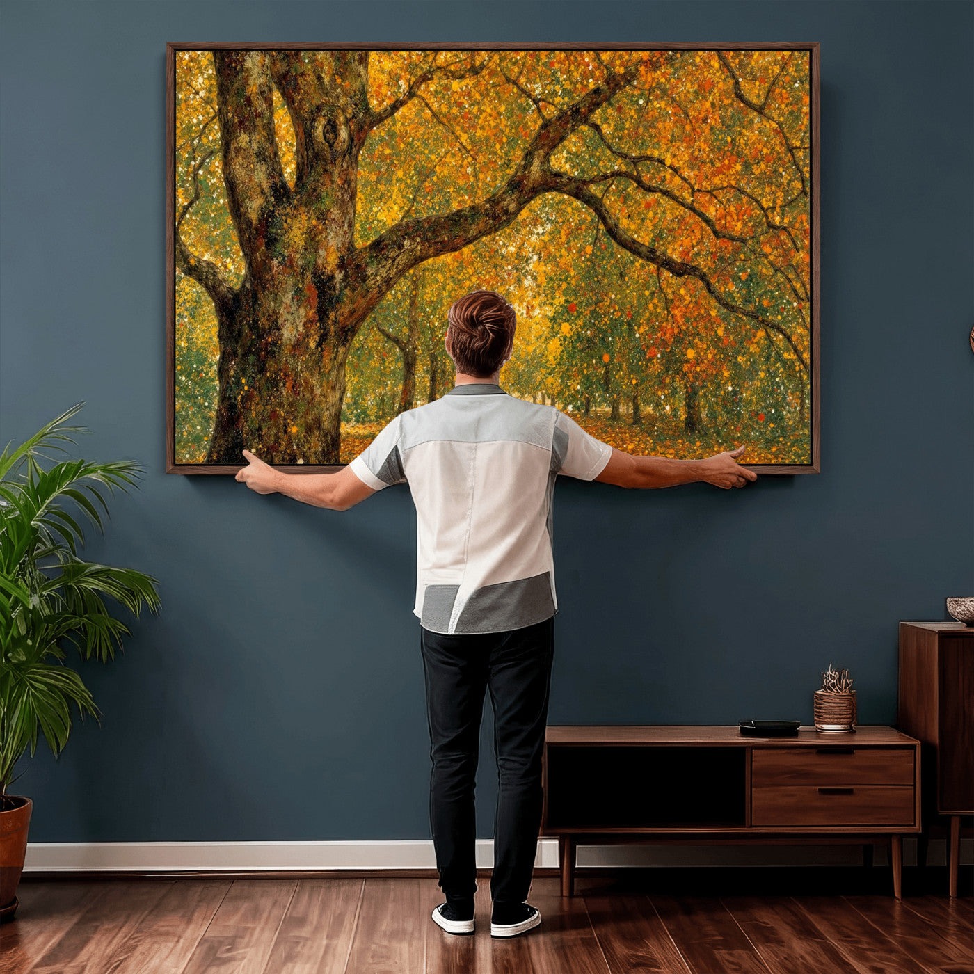11536138-MGV-CV-36X24 - Vintage Autumn Forest Path Wall Art Canvas Print, Golden Leaves Impressionist Painting Print