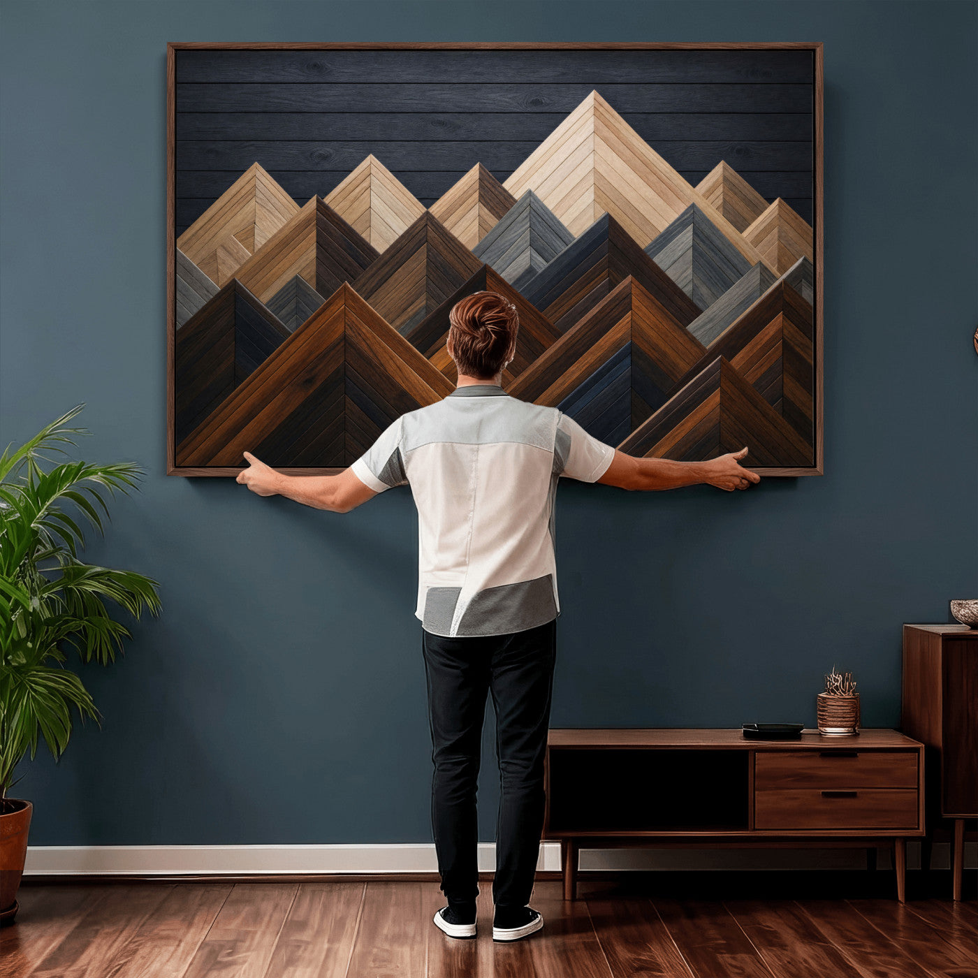 70531117-MGV-CV-36X24 - Geometric Wood Mountain Wall Art Canvas Print, 3D Look Rustic Mosaic Landscape Print