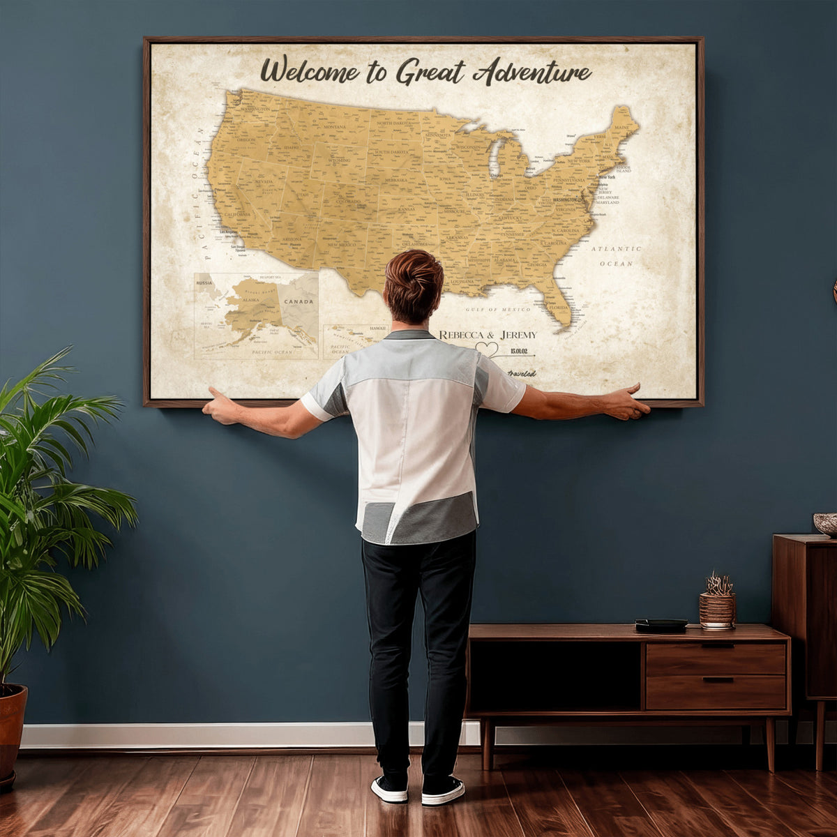 81437082-MGV-CV-36X24 - Custom Push Pin Travel USA Map Canvas Print, Cream Personalized Travel Tracker America Map, Anniversary Traveler Gift