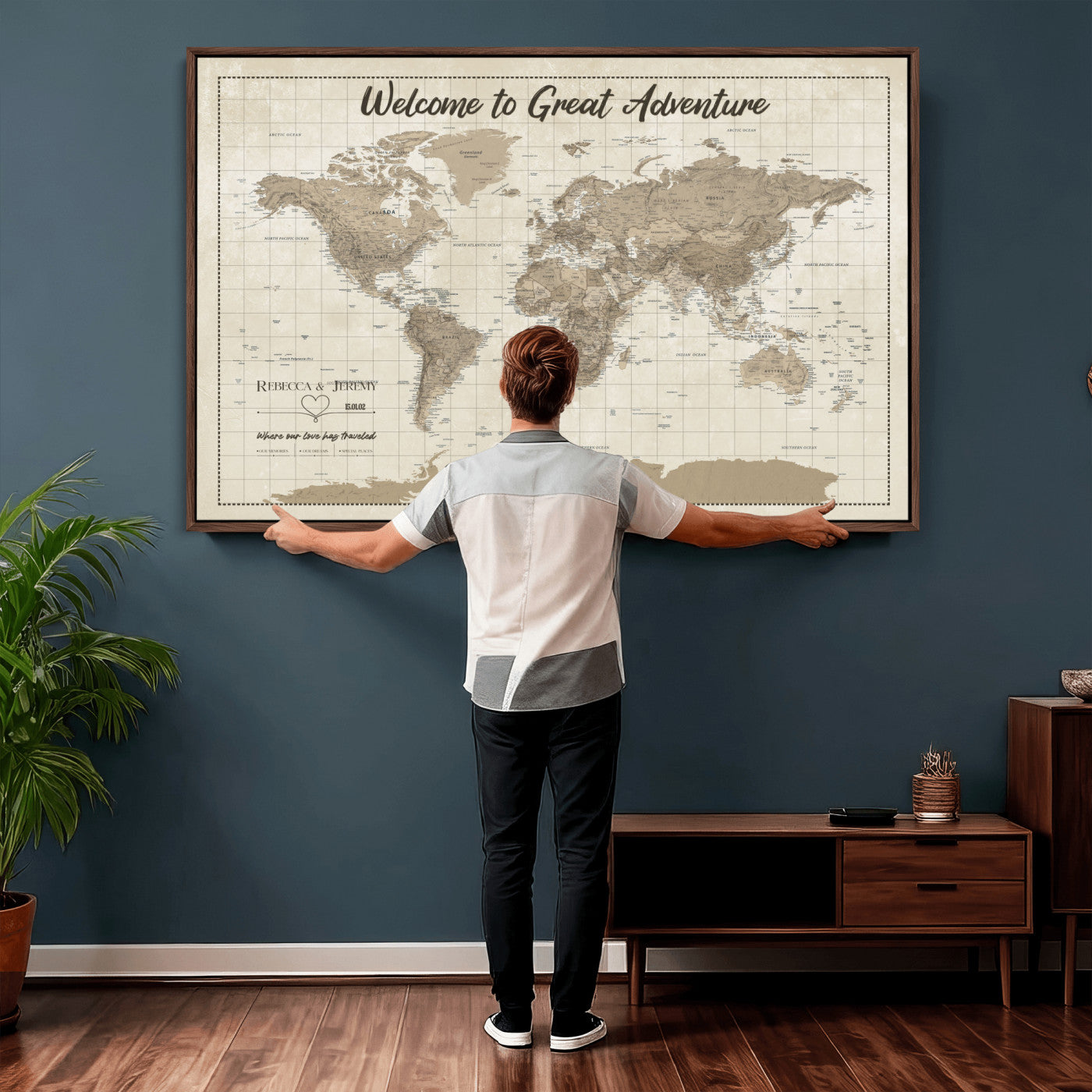 51180020-MGV-CV-36X24 - Custom Push Pin Travel Map Canvas Print, Cream Personalized Travel Tracker Map, Anniversary Gift, Vintage World Map Wall Art