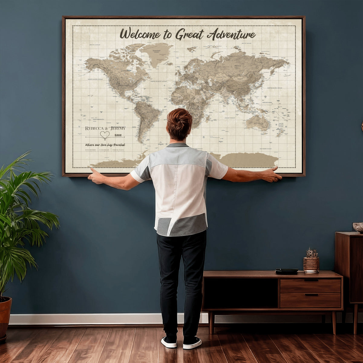 51180020-MGV-CV-36X24 - Custom Push Pin Travel Map Canvas Print, Cream Personalized Travel Tracker Map, Anniversary Gift, Vintage World Map Wall Art