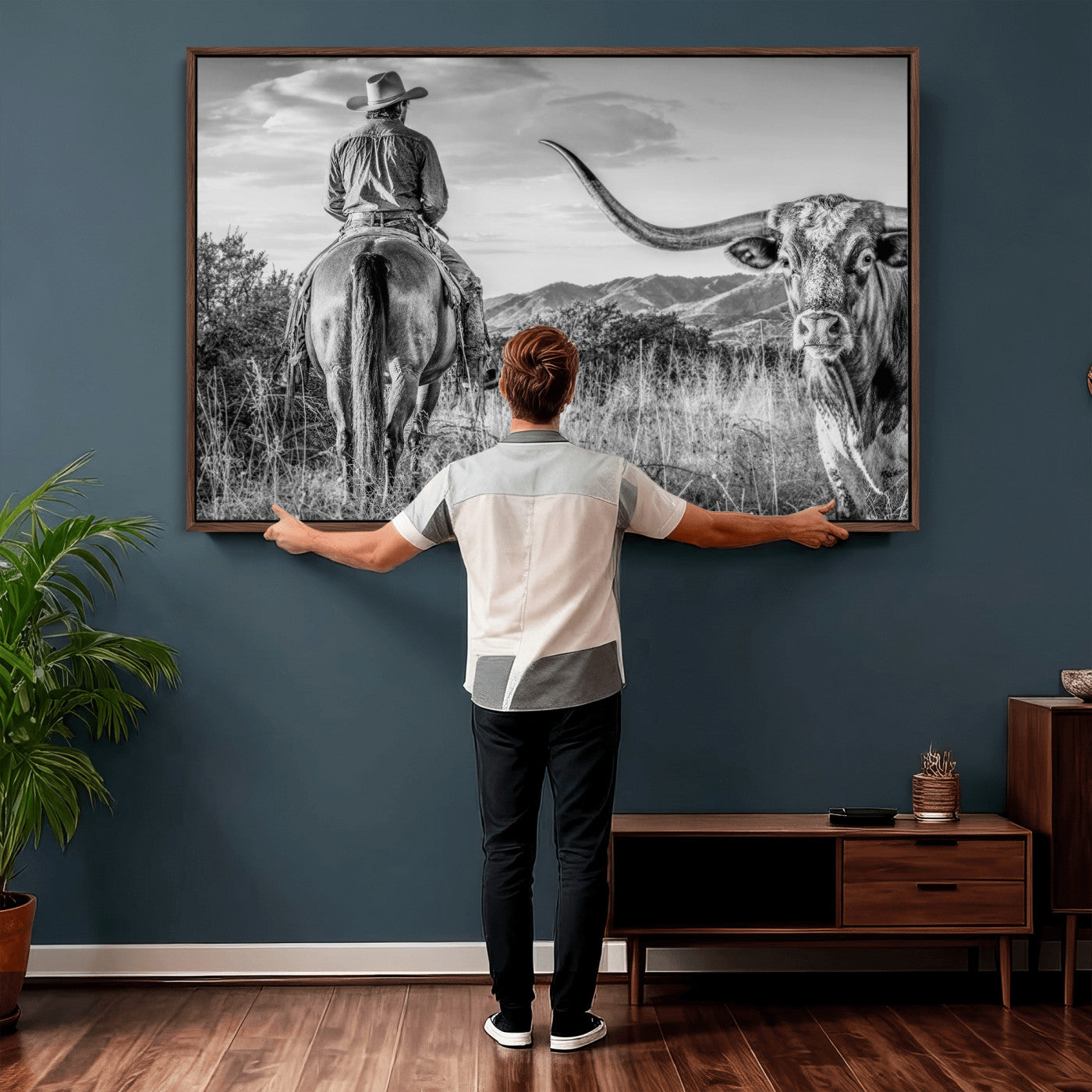 62076449WB-MGV-CV-36X24 - Texas Cowboy and Longhorn Bull Print for Western Wall Art Decor for Farmhouse