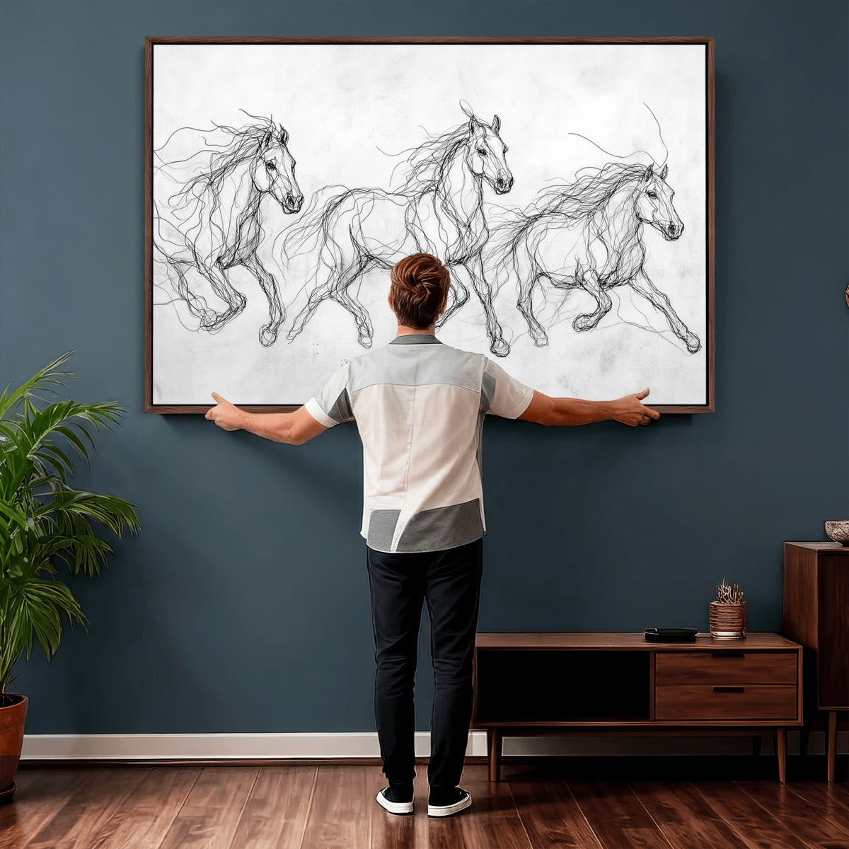 53600119-MGV-CV-36X24 - Monochrome Horse Canvas Wall Art, Black Ink Sketch Wild Horses Print, Minimalist Equestrian Artwork, Modern Abstract Line Decor, Urban Loft Gift