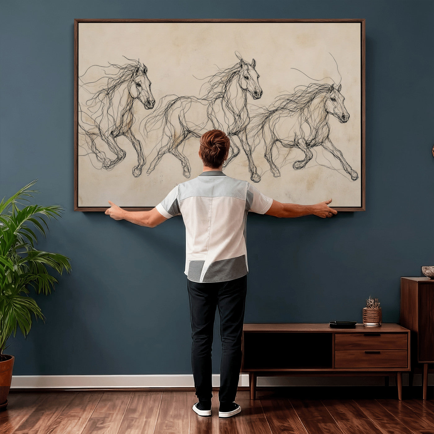 81051673-MGV-CV-36X24 - Abstract Horse Line Art Canvas, Gesture Sketch Wild Horses Print, Modern Scribble Artwork, Minimalist Equine Wall Decor, Rustic Studio Gift