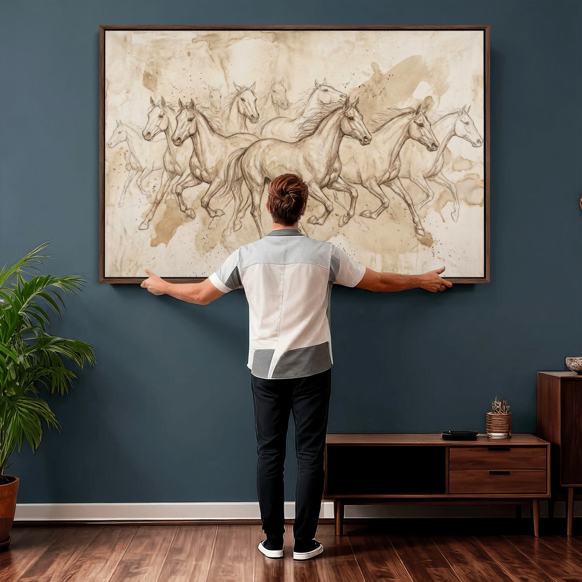 52233469-MGV-CV-36X24 - Vintage Horse Sketch Canvas Wall Art, Wild Horses Pencil Drawing Print, Antique Parchment Western Decor, Equine Sketching, Country Manor Gift