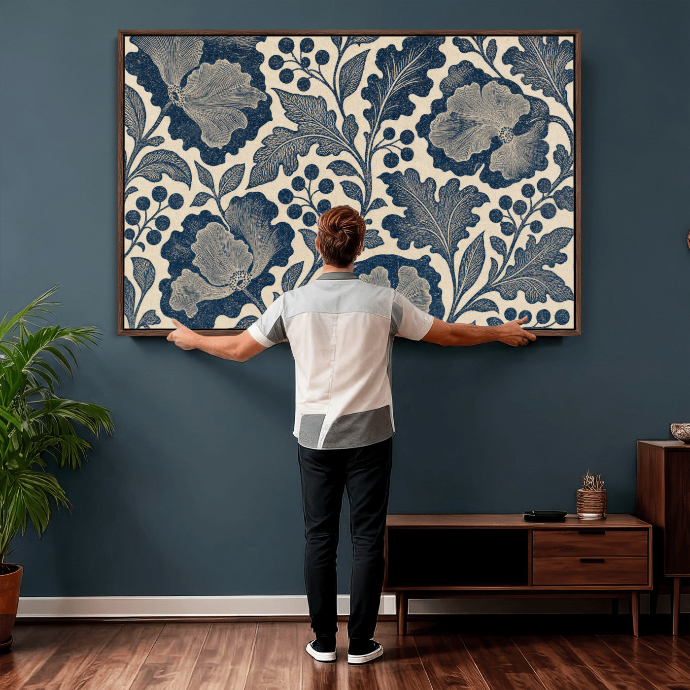 23824002-MGV-CV-36X24 - William Morris Style Navy Blue Floral Wall Art Canvas Print, Vintage Cream Botanical Painting Print