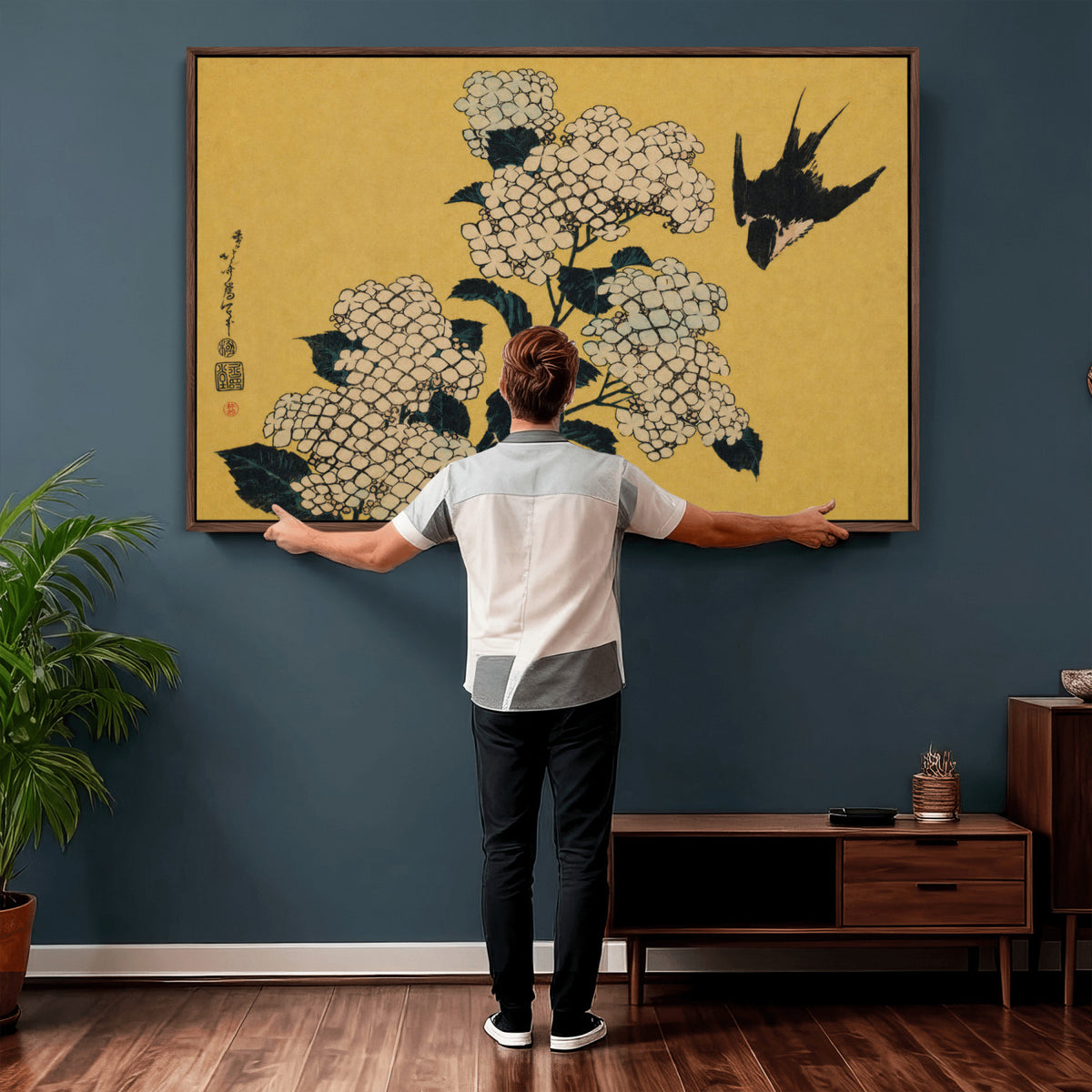 92483501-MGV-CV-36X24 - Katsushika Hokusai Hydrangea and Swallow Wall Art Canvas Print, Japanese Woodblock Painting Print