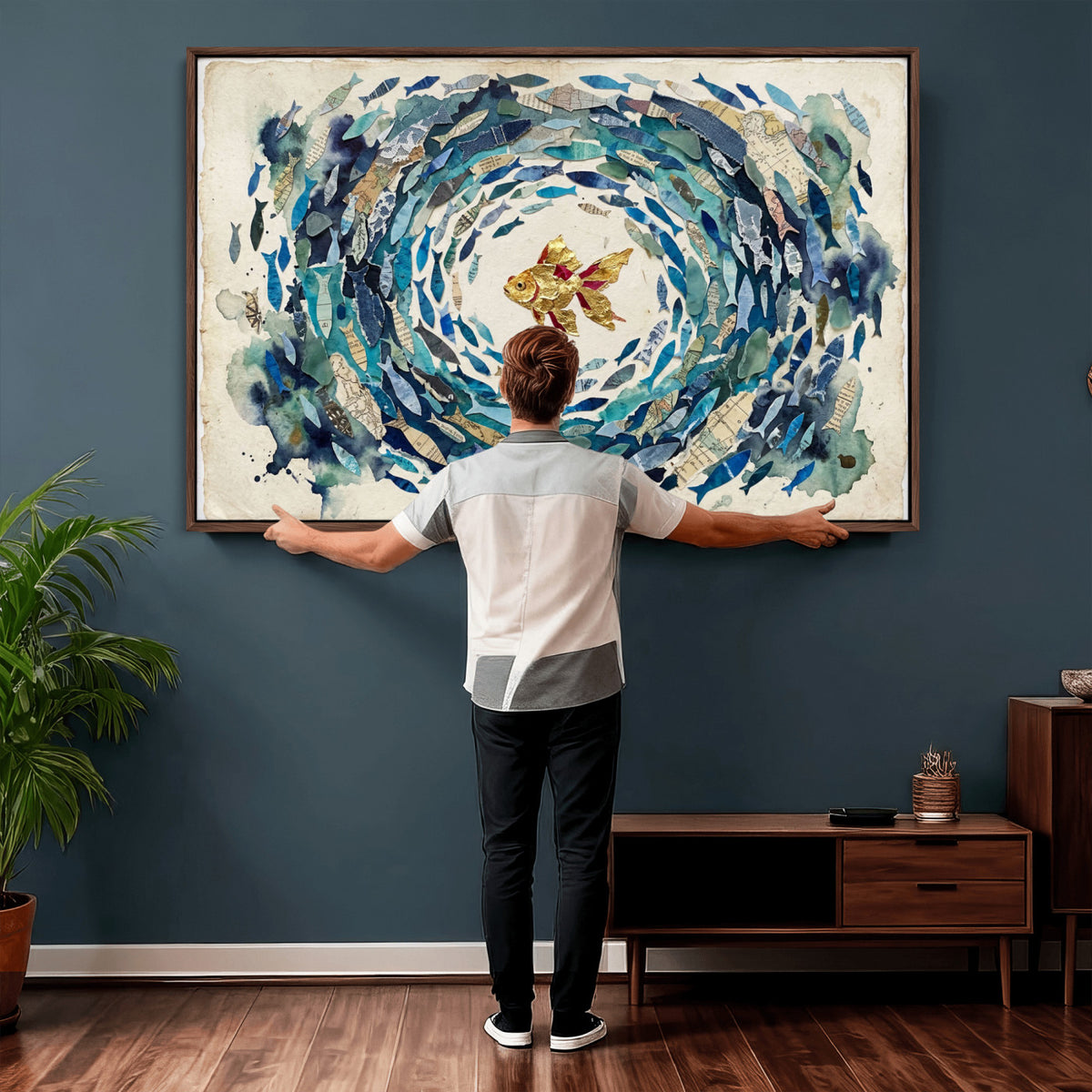 73165663-MGV-CV-36X24 - Mixed Media Blue Fish Swirl Canvas Wall Art, Goldfish Collage Ocean Print